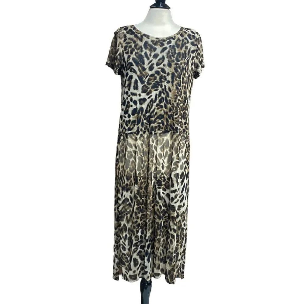 Cha Cha Vente Cheetah Short Sleeve Sheer Tunic Top Size Large NEW